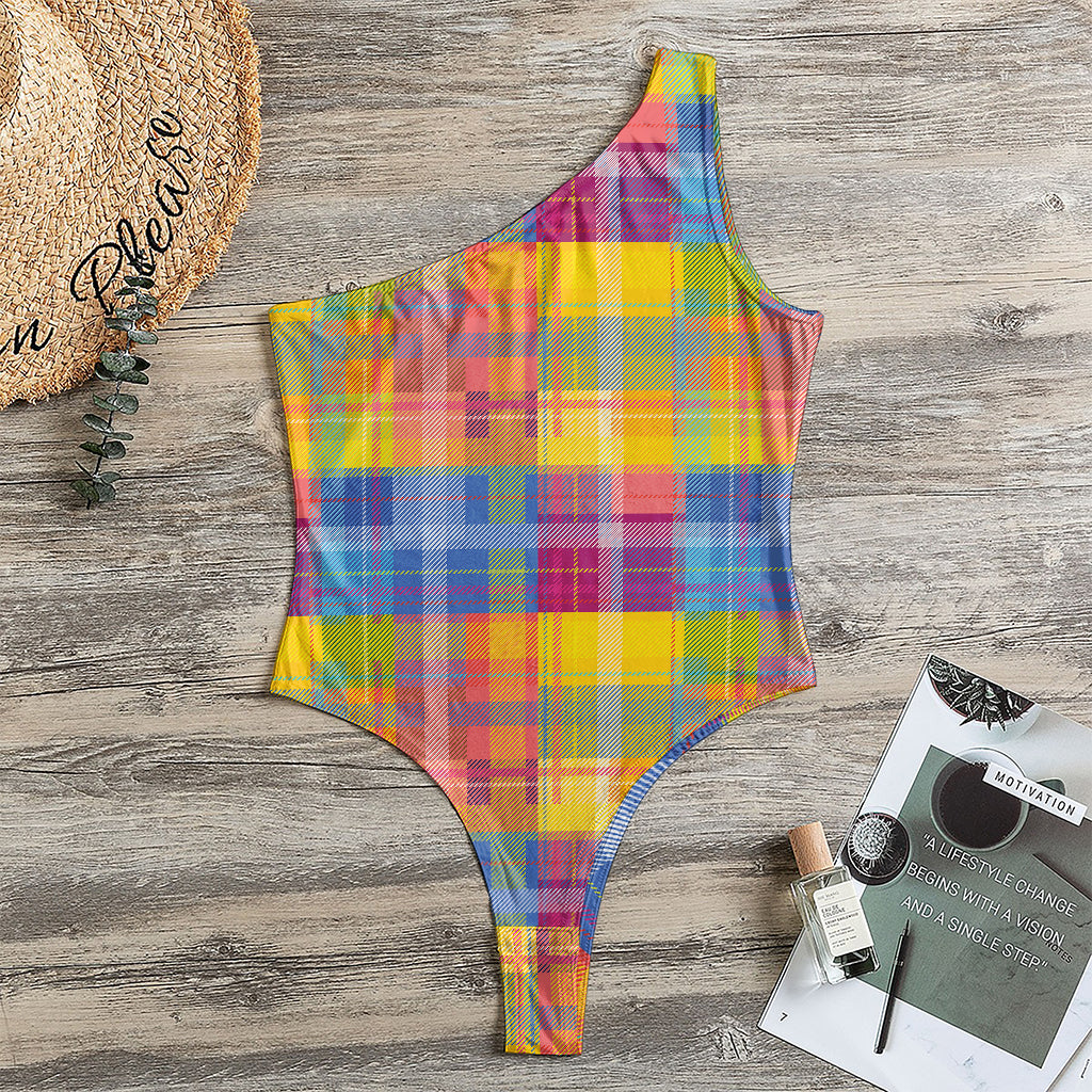 Rainbow Plaid Pattern Print One Shoulder Bodysuit