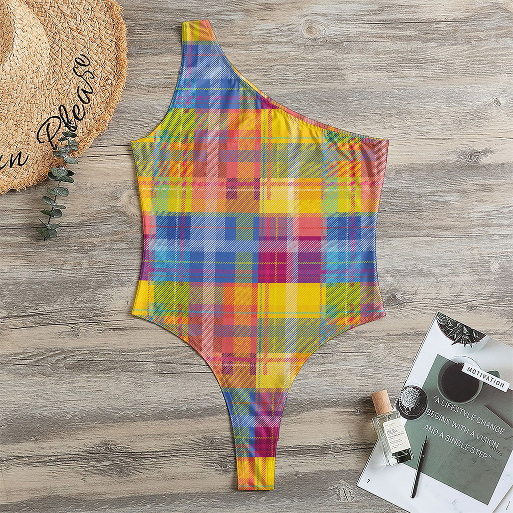 Rainbow Plaid Pattern Print One Shoulder Bodysuit