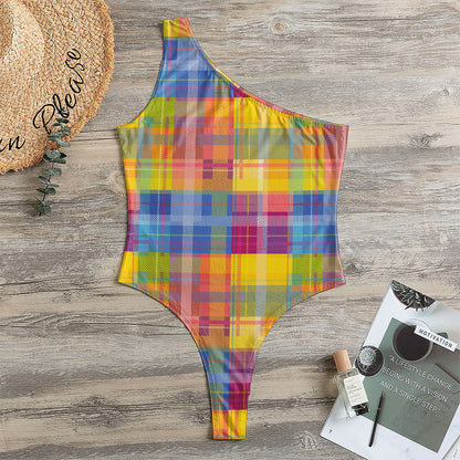Rainbow Plaid Pattern Print One Shoulder Bodysuit