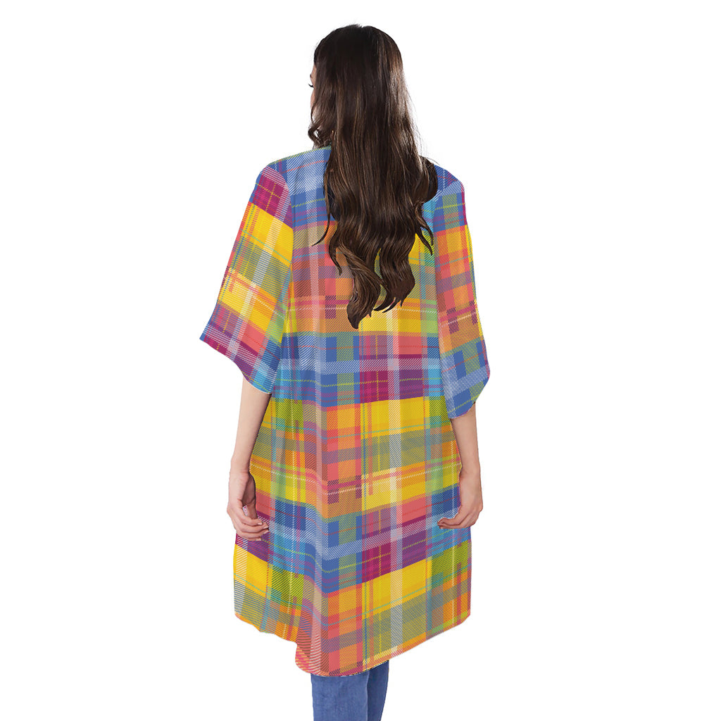 Rainbow Plaid Pattern Print Open Front Beach Cover Up