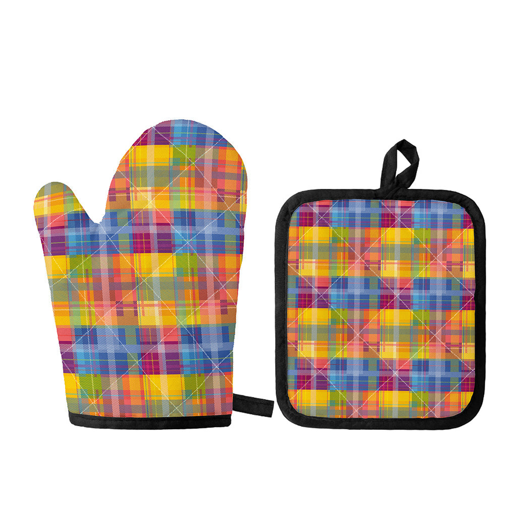 Rainbow Plaid Pattern Print Oven Mitt And Pot Holder Set
