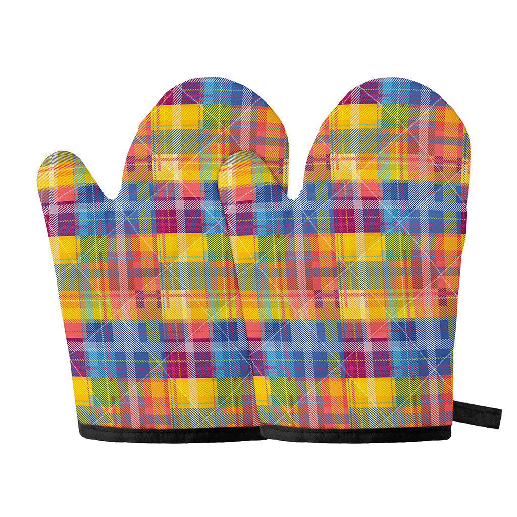 Rainbow Plaid Pattern Print Oven Mitts