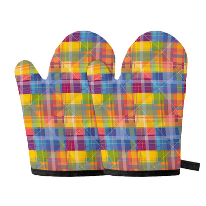 Rainbow Plaid Pattern Print Oven Mitts