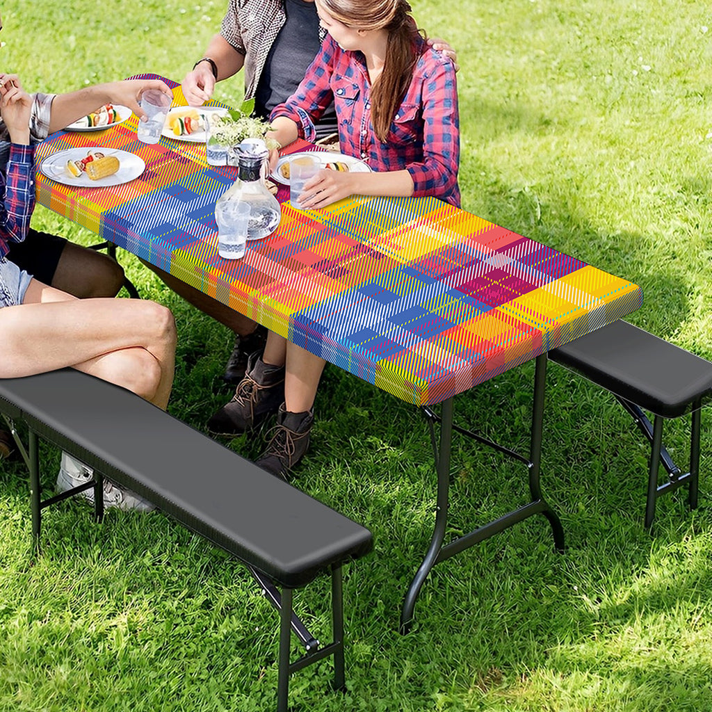Rainbow Plaid Pattern Print Picnic Table Cover
