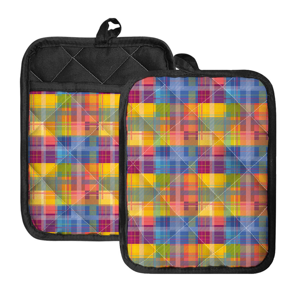 Rainbow Plaid Pattern Print Pot Holders With Pocket