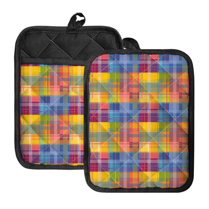 Rainbow Plaid Pattern Print Pot Holders With Pocket