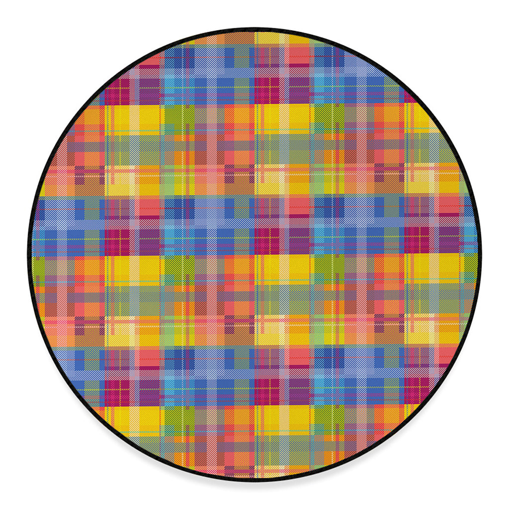 Rainbow Plaid Pattern Print Round Floor Mat