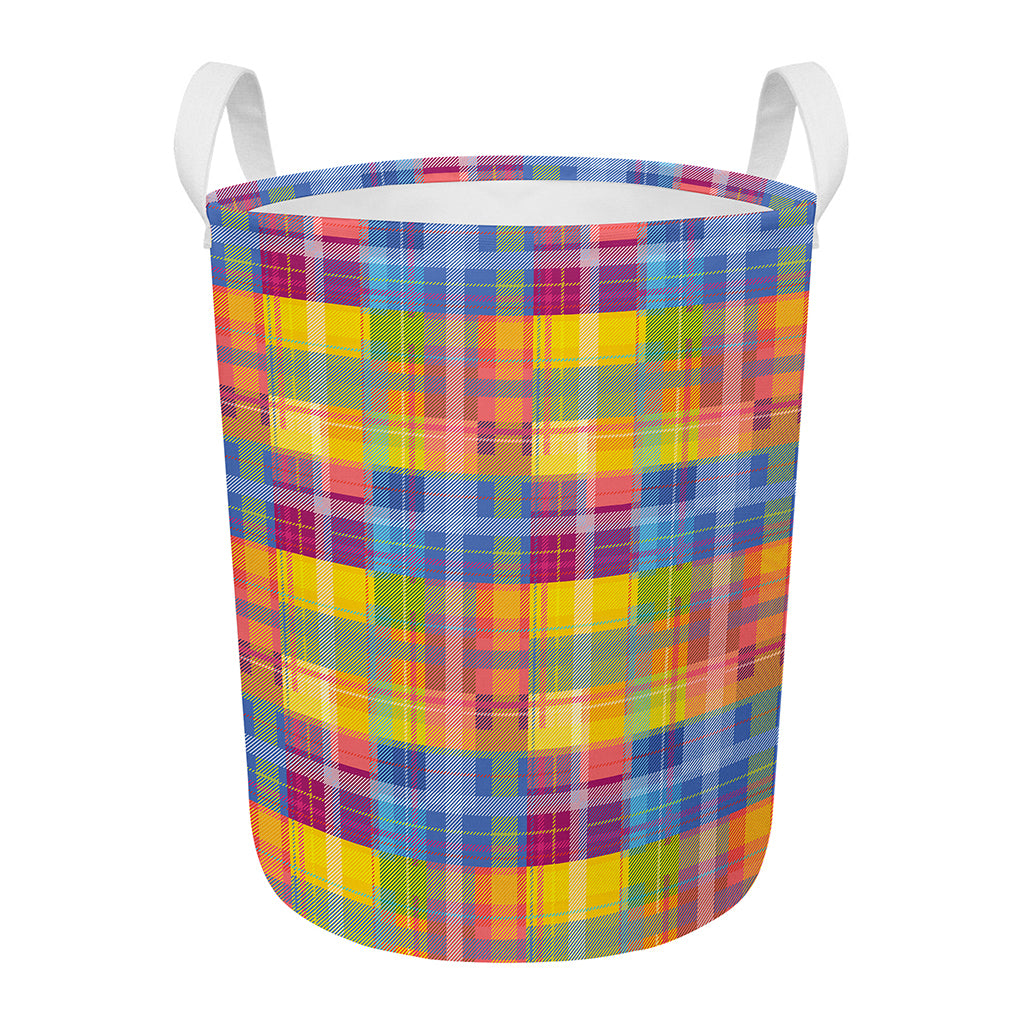 Rainbow Plaid Pattern Print Round Laundry Basket