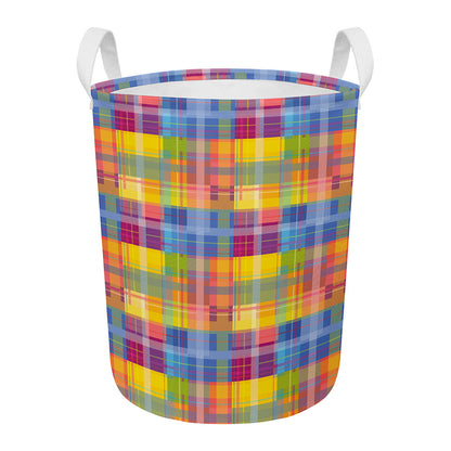 Rainbow Plaid Pattern Print Round Laundry Basket