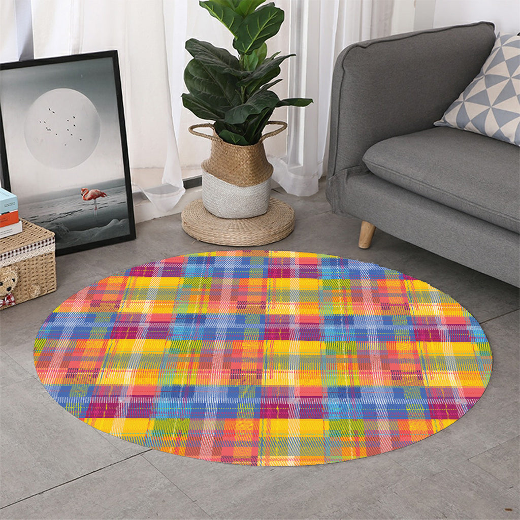 Rainbow Plaid Pattern Print Round Rug