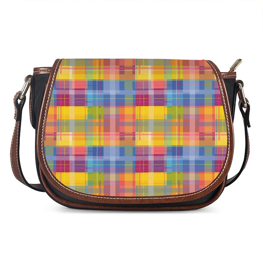 Rainbow Plaid Pattern Print Saddle Bag