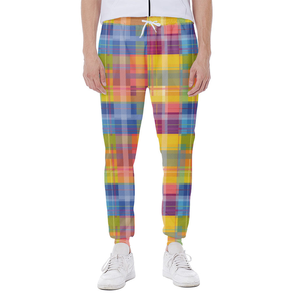 Rainbow Plaid Pattern Print Scuba Joggers