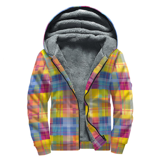 Rainbow Plaid Pattern Print Sherpa Lined Zip Up Hoodie