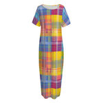 Rainbow Plaid Pattern Print Short Sleeve Long Nightdress