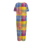 Rainbow Plaid Pattern Print Short Sleeve Long Nightdress