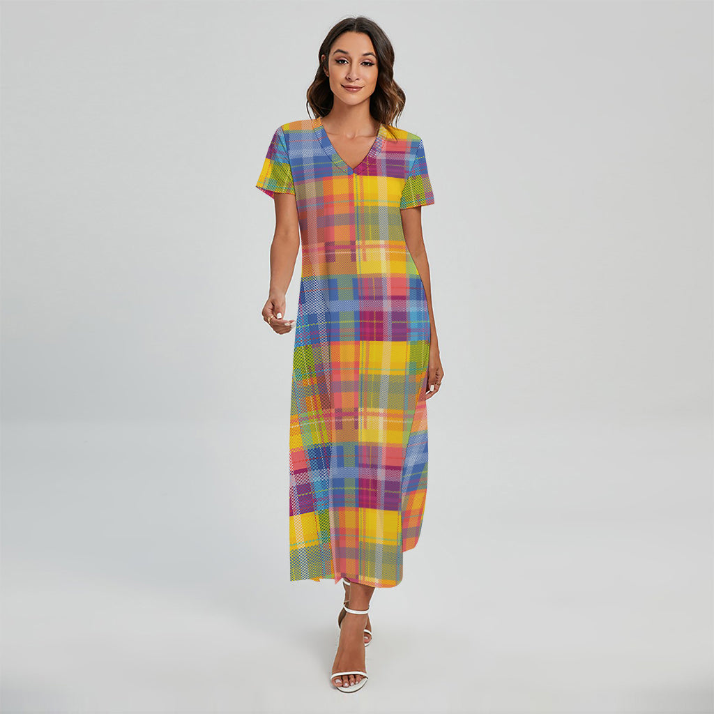 Rainbow Plaid Pattern Print Short Sleeve Maxi Dress