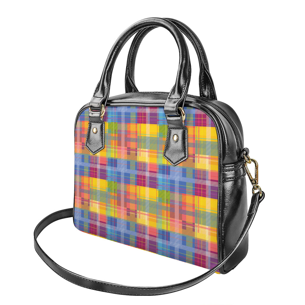 Rainbow Plaid Pattern Print Shoulder Handbag
