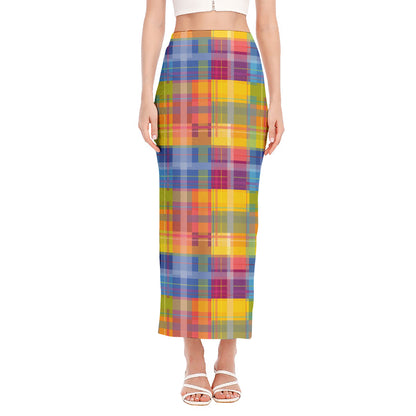 Rainbow Plaid Pattern Print Side Slit Maxi Skirt