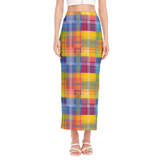 Rainbow Plaid Pattern Print Side Slit Maxi Skirt