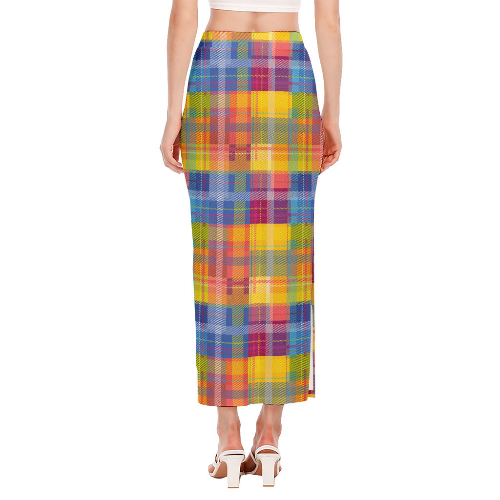 Rainbow Plaid Pattern Print Side Slit Maxi Skirt