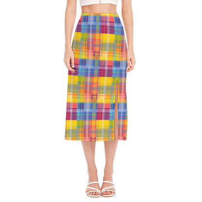 Rainbow Plaid Pattern Print Side Slit Midi Skirt