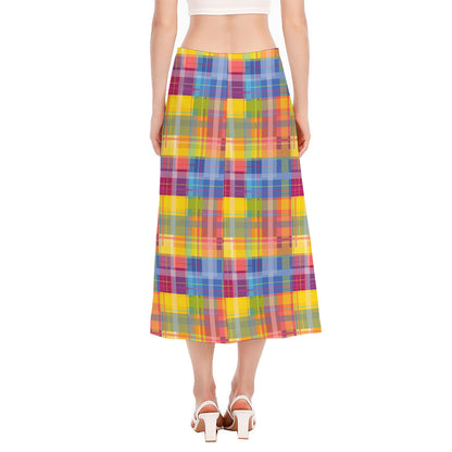 Rainbow Plaid Pattern Print Side Slit Midi Skirt