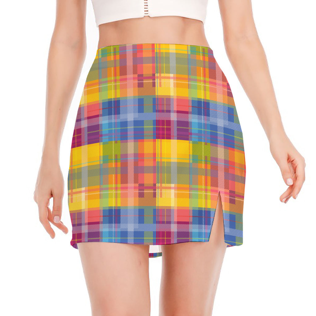Rainbow Plaid Pattern Print Side Slit Mini Skirt