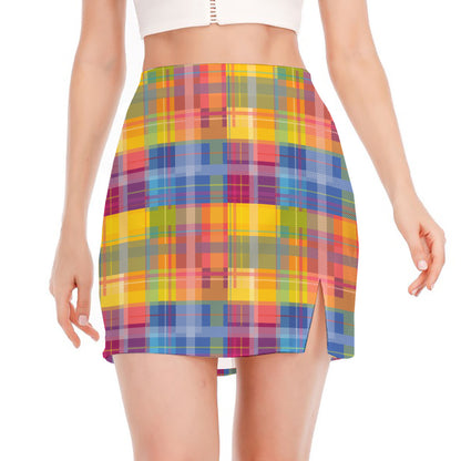 Rainbow Plaid Pattern Print Side Slit Mini Skirt