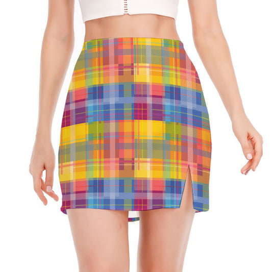 Rainbow Plaid Pattern Print Side Slit Mini Skirt