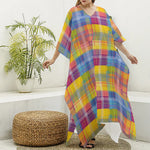 Rainbow Plaid Pattern Print Silk V-Neck Kaftan Dress