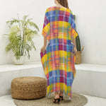 Rainbow Plaid Pattern Print Silk V-Neck Kaftan Dress