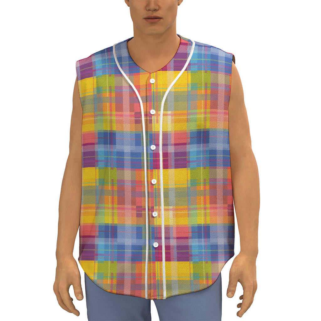 Rainbow Plaid Pattern Print Sleeveless Baseball Jersey