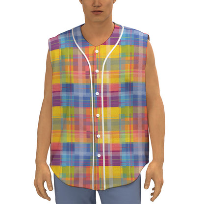 Rainbow Plaid Pattern Print Sleeveless Baseball Jersey