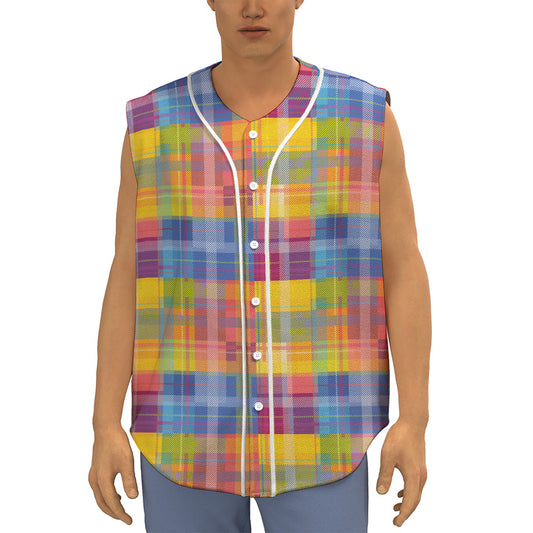 Rainbow Plaid Pattern Print Sleeveless Baseball Jersey