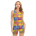 Rainbow Plaid Pattern Print Sleeveless One Piece Swimsuit