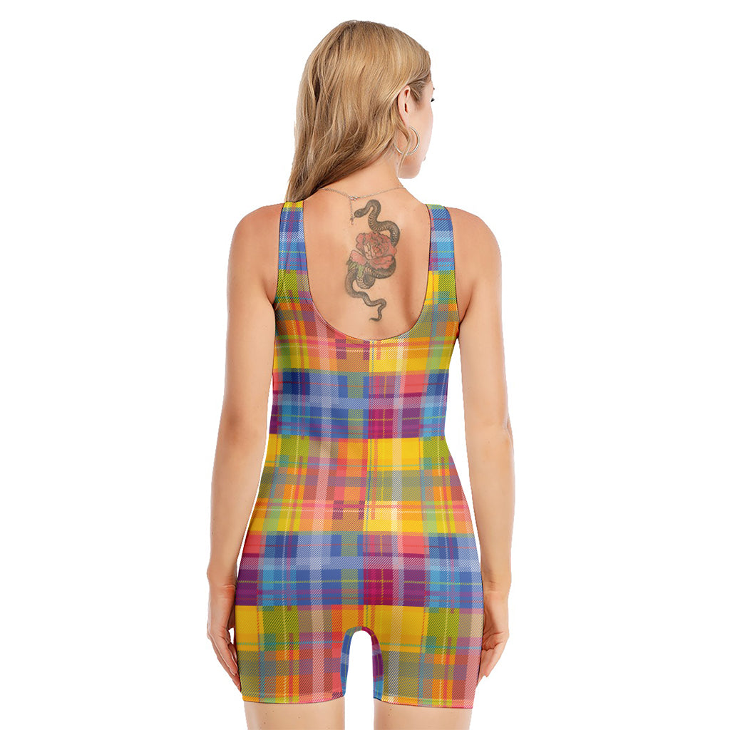 Rainbow Plaid Pattern Print Sleeveless One Piece Swimsuit