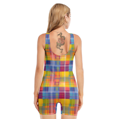 Rainbow Plaid Pattern Print Sleeveless One Piece Swimsuit