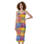 Rainbow Plaid Pattern Print Slim Fit Midi Cami Dress