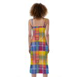 Rainbow Plaid Pattern Print Slim Fit Midi Cami Dress
