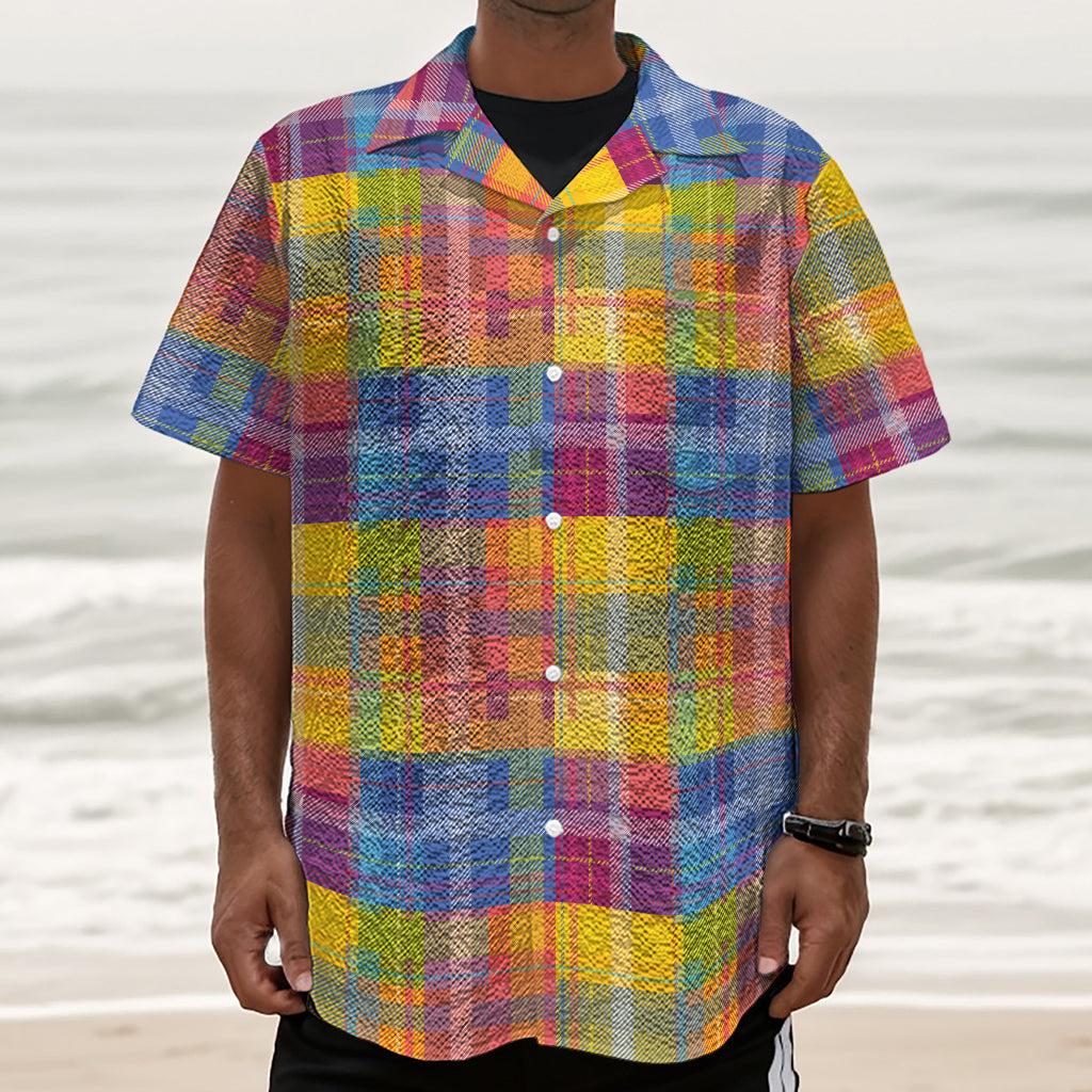 Rainbow Plaid Pattern Print Textured Short Sleeve Shirt