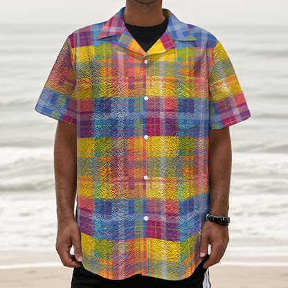 Rainbow Plaid Pattern Print Textured Short Sleeve Shirt