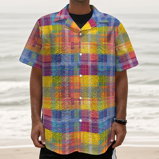 Rainbow Plaid Pattern Print Textured Short Sleeve Shirt