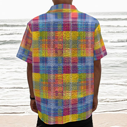 Rainbow Plaid Pattern Print Textured Short Sleeve Shirt