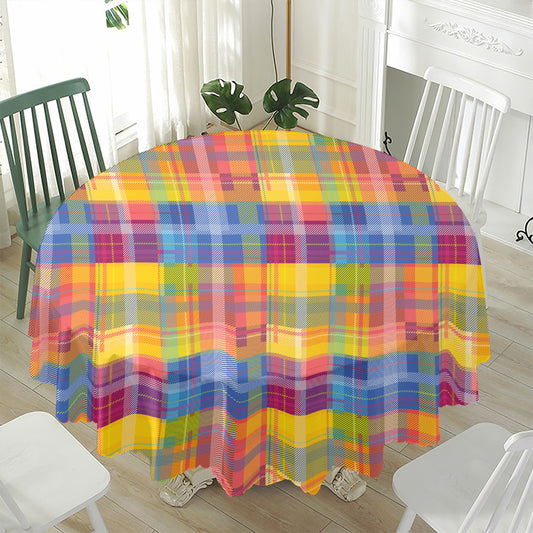 Rainbow Plaid Pattern Print Waterproof Round Tablecloth