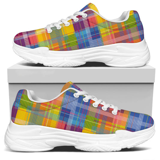 Rainbow Plaid Pattern Print White Chunky Shoes