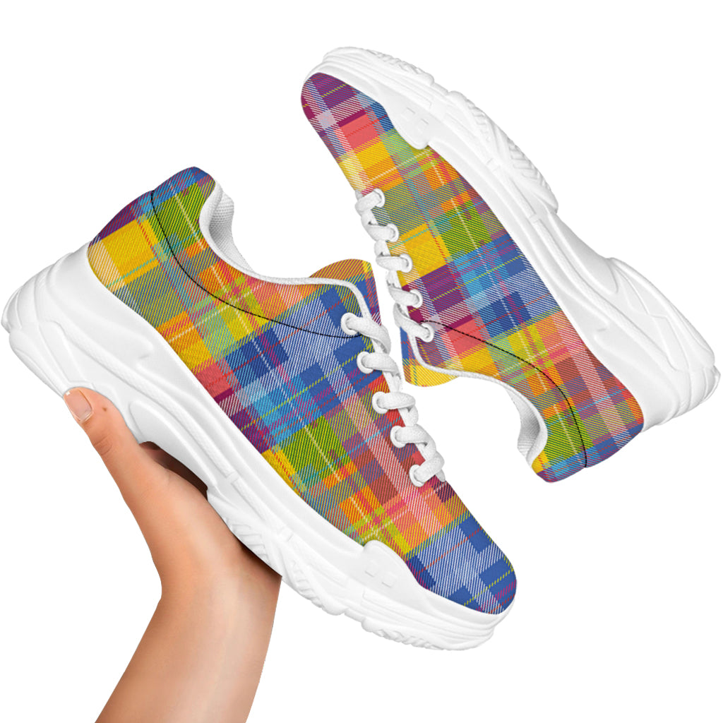 Rainbow Plaid Pattern Print White Chunky Shoes