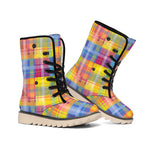 Rainbow Plaid Pattern Print Winter Boots
