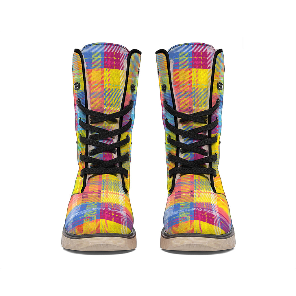 Rainbow Plaid Pattern Print Winter Boots