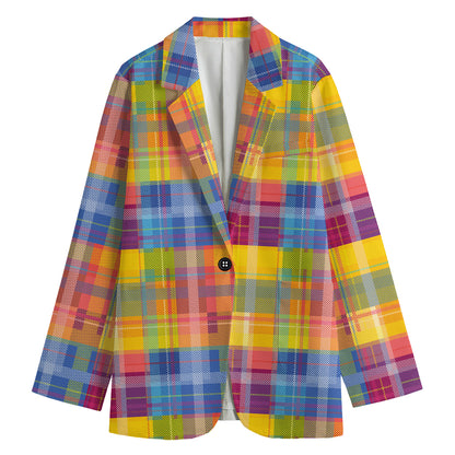 Rainbow Plaid Pattern Print Women's Blazer