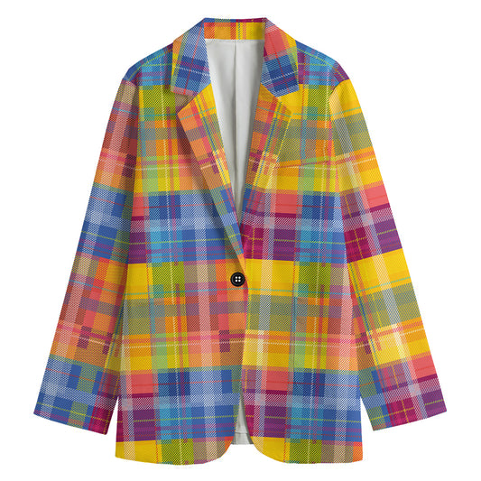 Rainbow Plaid Pattern Print Women's Blazer